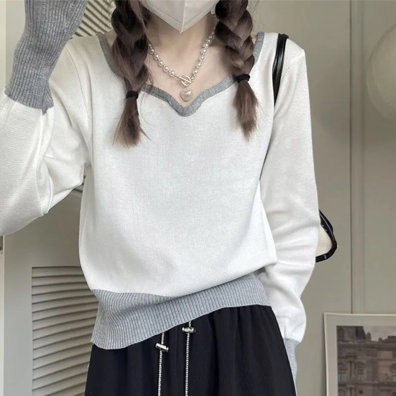 Fashion Color Matching Short Knitting Bottoming Shirt Women New Classic Long Sleeve Slim Autumn Casual All-match Lady Sweaters