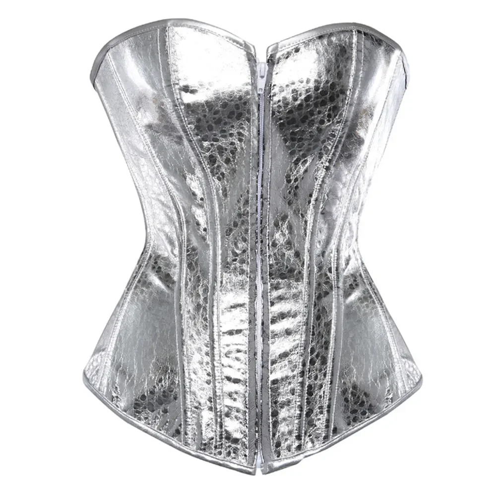 Shiny Silvery and Gold Imitation Leather Overbust Corset for Women Burlesque Lingerie Zipper Vintage Steampunk Corsets Plus Size