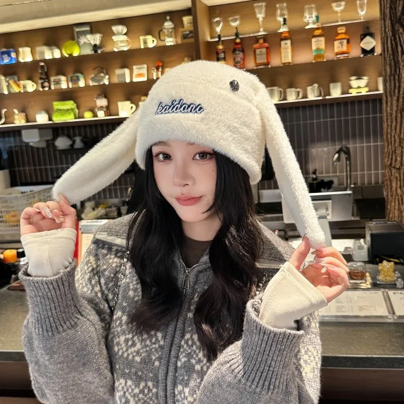 لطيف آذان أرنب صغير الأبيض أفخم تو قبعة الباردة قبعة المرأة الخريف والشتاء سدادات حماية الأذن قبعة دافئة كومة فتاة هدية H1