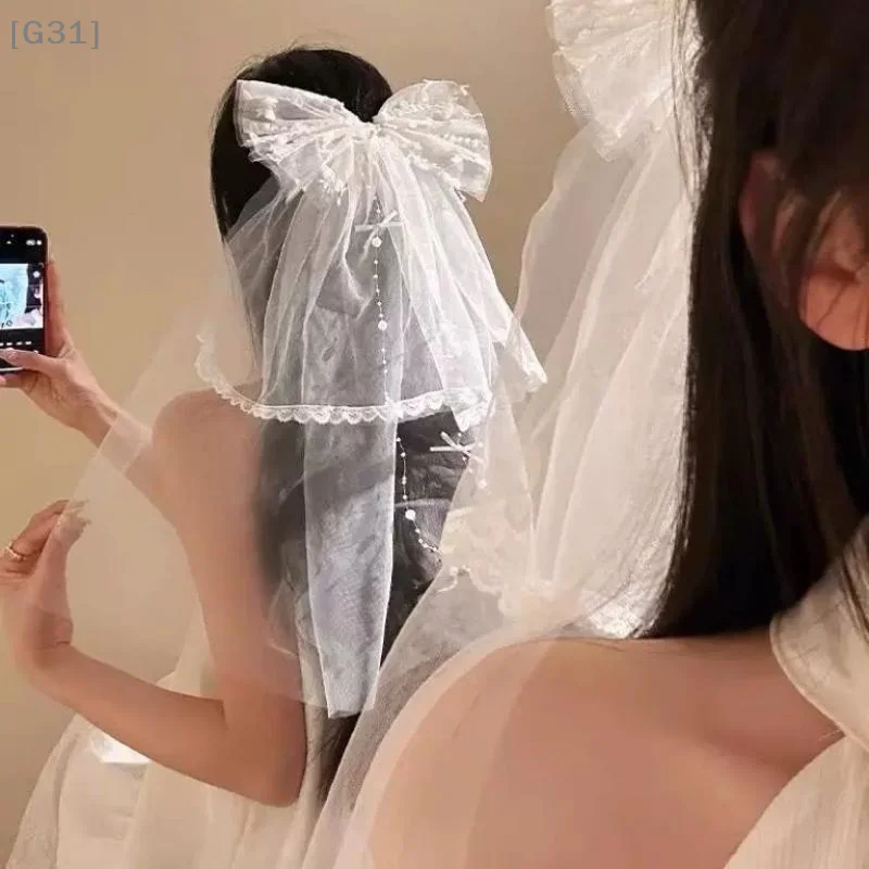White Bow Tulle Bridal Veil With Hair Clip Wedding Bachelorette Hen Party Veil Hair Clip Hair Accessories Photoshoot Props[G31] view 4