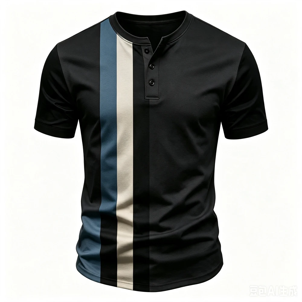 Business Casual Men's Henry T shirt Fashion Stripes Print Henry Collar Button Top Summer Loose Short Sleeve Tees Simple Clothing