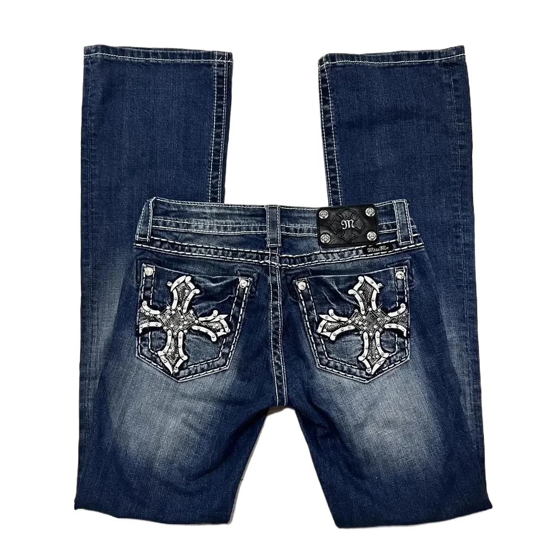 

Hip-Hop Retro Cross Pattern Embroidery Washed Blue Jeans Women's Y2K New Harajuku Punk High Waist Slim Pants Street Wear
