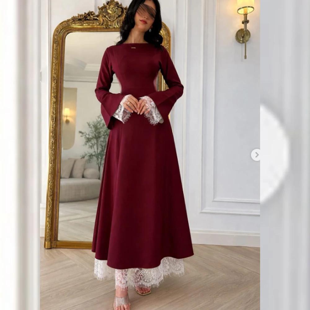 

Elegant Red Velour Evening Gown Dress Lace Puff Full Sleeves Formal Prom Dress Mermaid Simple Party Dress Customized