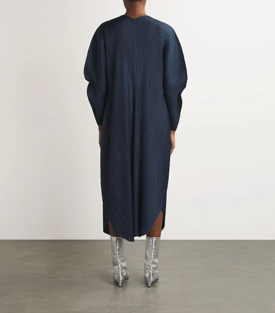 Miyake Pleated Long Sleeves V-neck Pullover Wormhole Midi Dress