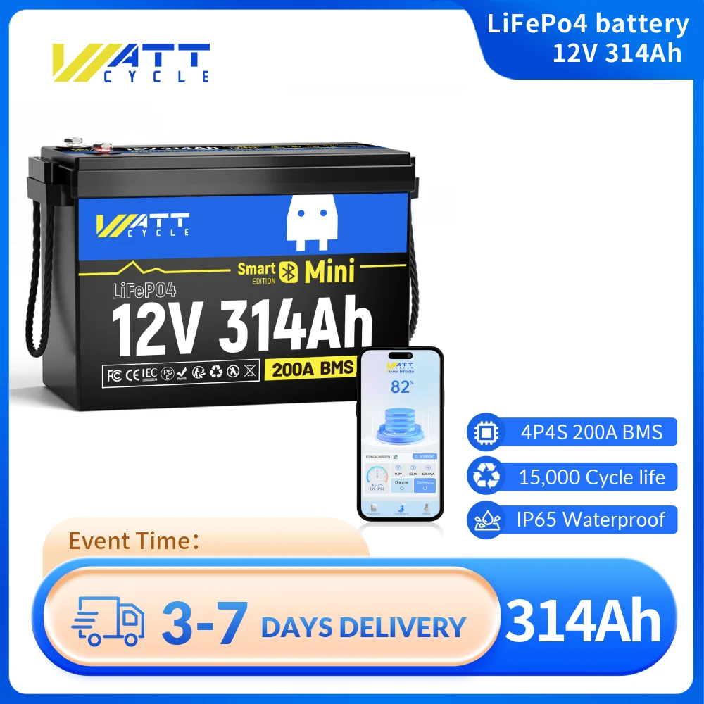 

Wattcycle Lithium Iron Phosphate Battery With Bluetooth 12V 314Ah MINI 8000 Deep Cycle For Trolling Motor/Camping/Touring Car