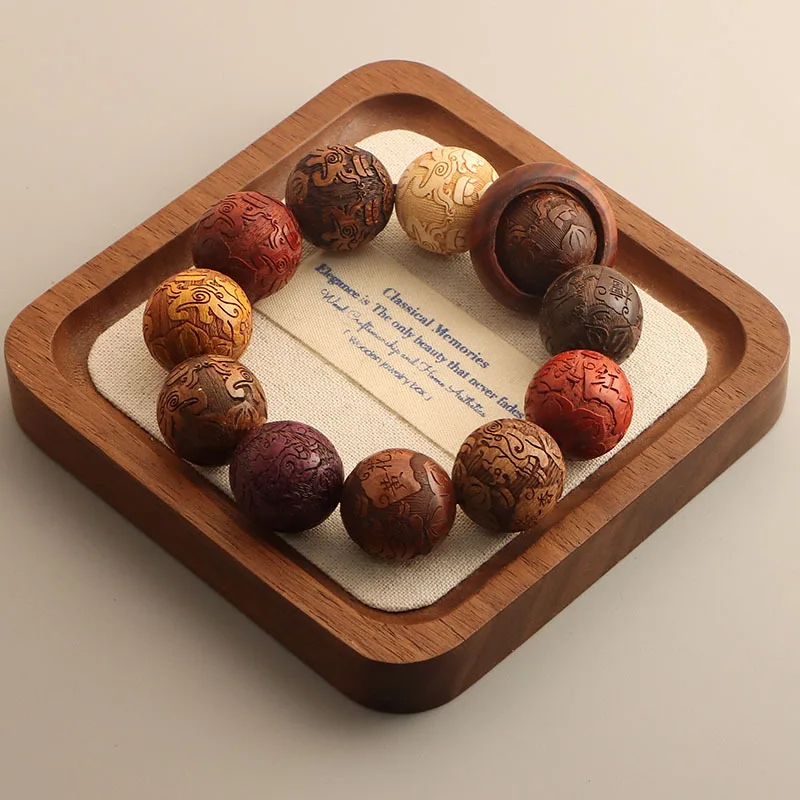 Hand Carved Natural Wood Bracelet, Oriental Meditation Beads Vintage Wooden Beaded Bracelets for Women Boho Fashion Jewelry Gift