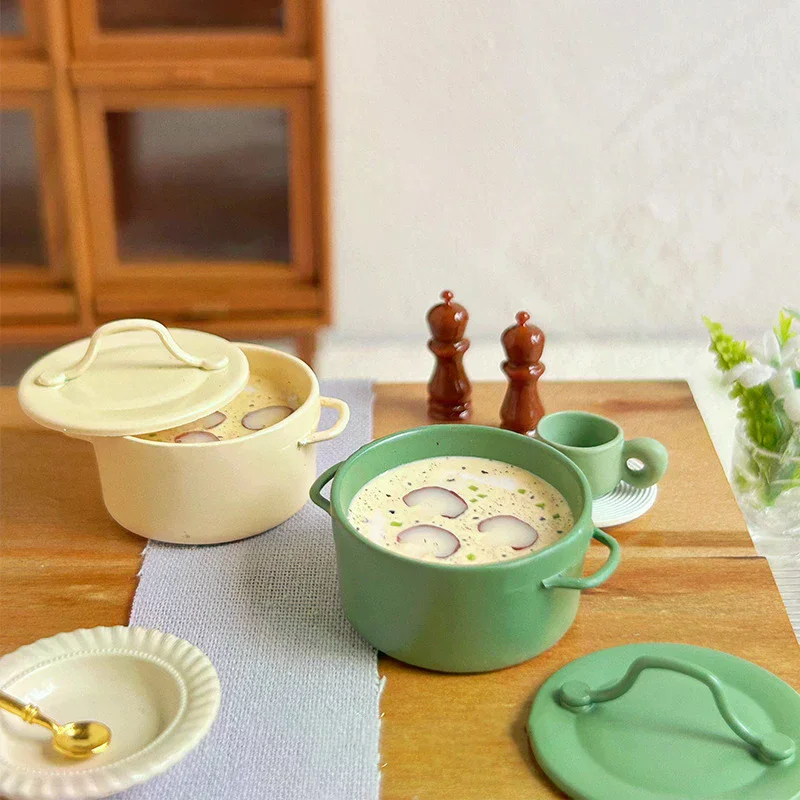 Doll Home Simulation Kitchen Decoration Accessories Pretend Play Toys 1/12 Dollhouse Mini Cream Mushroom Soup Pot Model