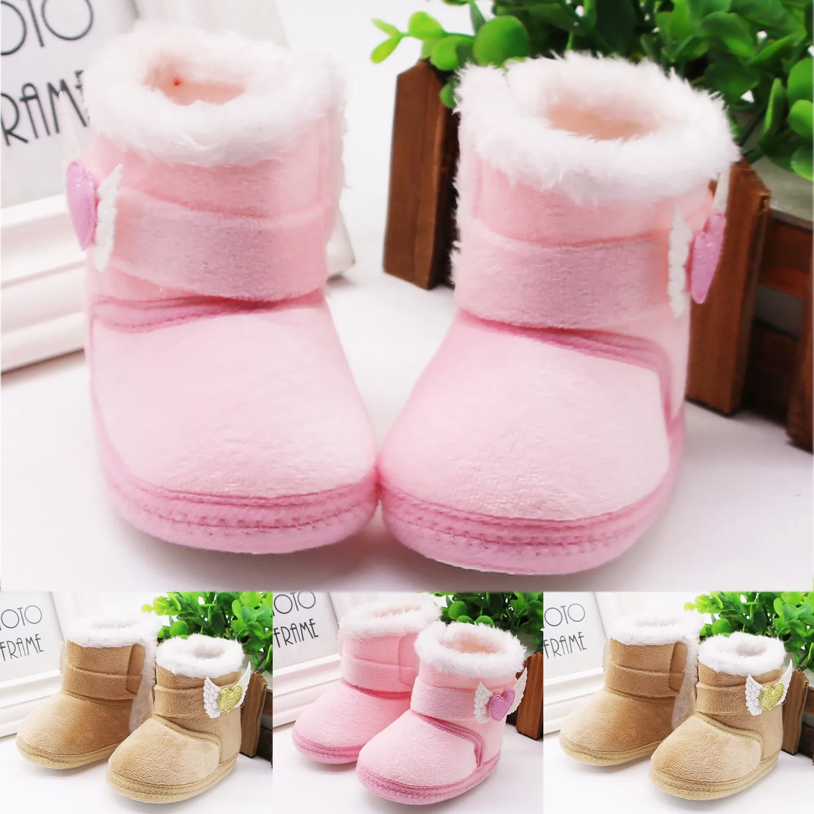 

Suefunskry Newborn Baby Winter Snow Boots Contrast Color Ankle Boots Warm Plush Heart Wings Baby Walking Shoes for Toddler 0-18M