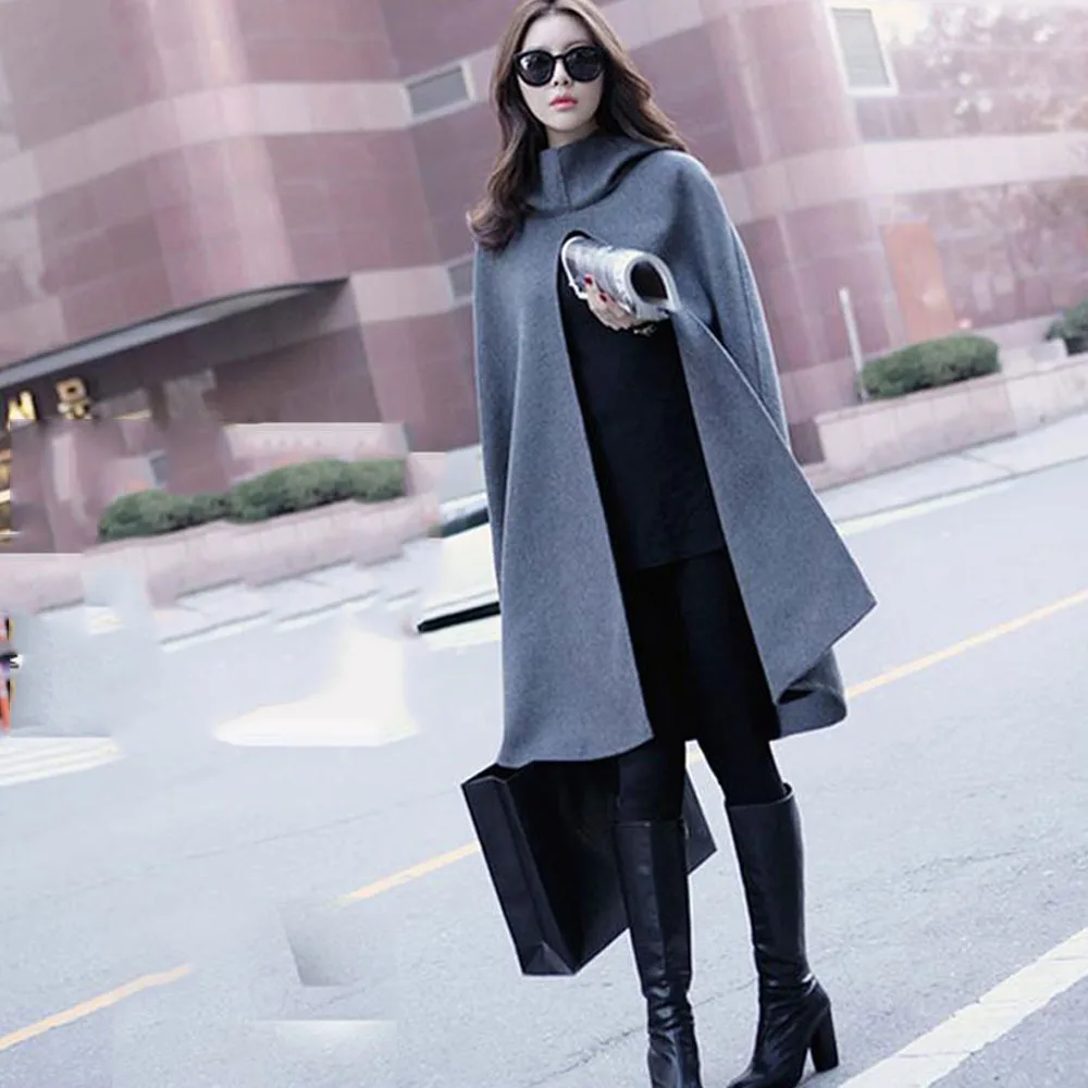 Women Bat Sleeve Mid-long Poncho Coat Autumn Ladies Outerwear Hooded Cape Coat Cloak Shawl Smock Ponchos Abrigos Mujer Invierno