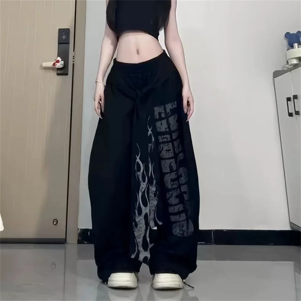 Y2K Gothic Flame Wide Leg Pants Women Streetwear Baggy High Waist Joggers Harajuku Grunge Oversized Casual Sweat Hip Hop Trouser