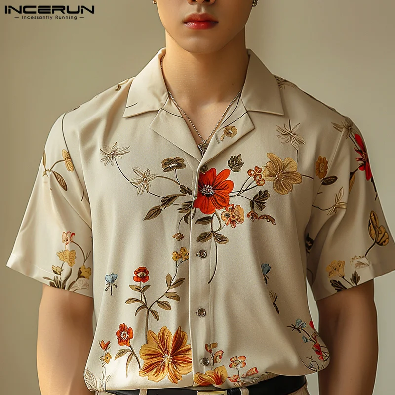 

Fashion Casual Style Tops INCERUN Men's Floral Print Design Shirt Summer Male Personality Hot Selling Short Sleeved Blouse S-5XL