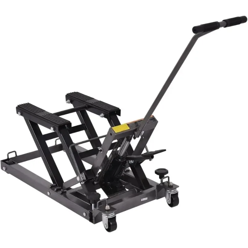 Portable Foot-Operated Hydraulic Scissor Lift Jack with Wheels and Handle for Motorcycle ATV and Dirt Bike Maintenance 1500 Lbs