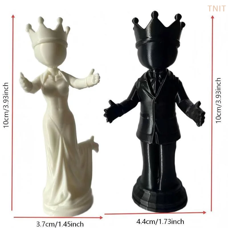 [J] 3D Printed Chess Statue Sculpture King Queen Chess Couple Figurine Decor Desktop Ornament For Wedding Anniversary Gift