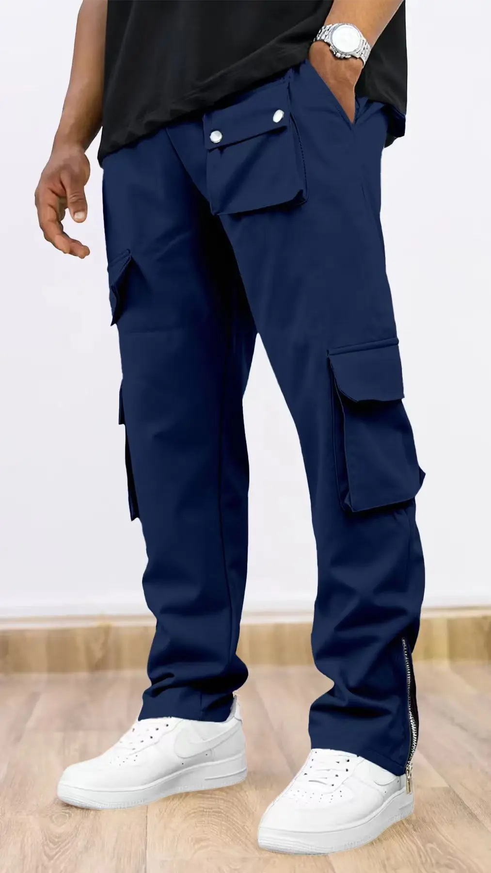 Spring and autumn new multi-pocket pure color work pants, fashionable and lightweight men's casual trousers