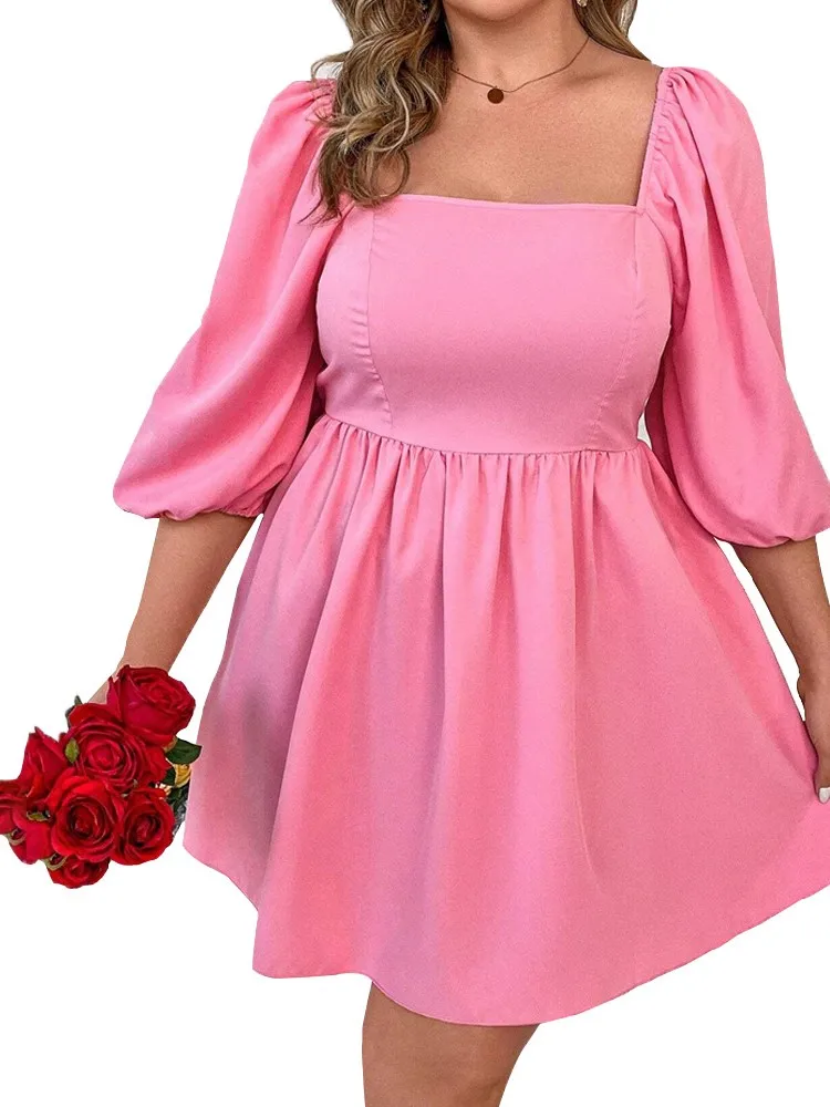 Plus Size Pink Summer Mini Dress Women Puff Short Sleeve Fashion Ruffle Pleated Ladies Dresses Square Collar A-Line Woman Dress