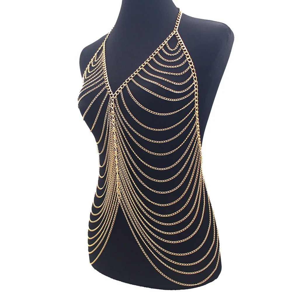 Sexy Metal Body Chain Dress For Women Fashion Bling Nightclub Backless Adjustable Body Chains Bra Festival Clothing Jewelry