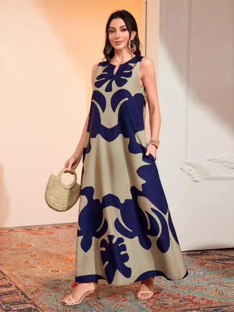 

Ladies New Vintage Casual Print Dresses Spring Summer Elegant V-Neck Sleeveless Party Maxi Dress Women's Boho Loose Dress