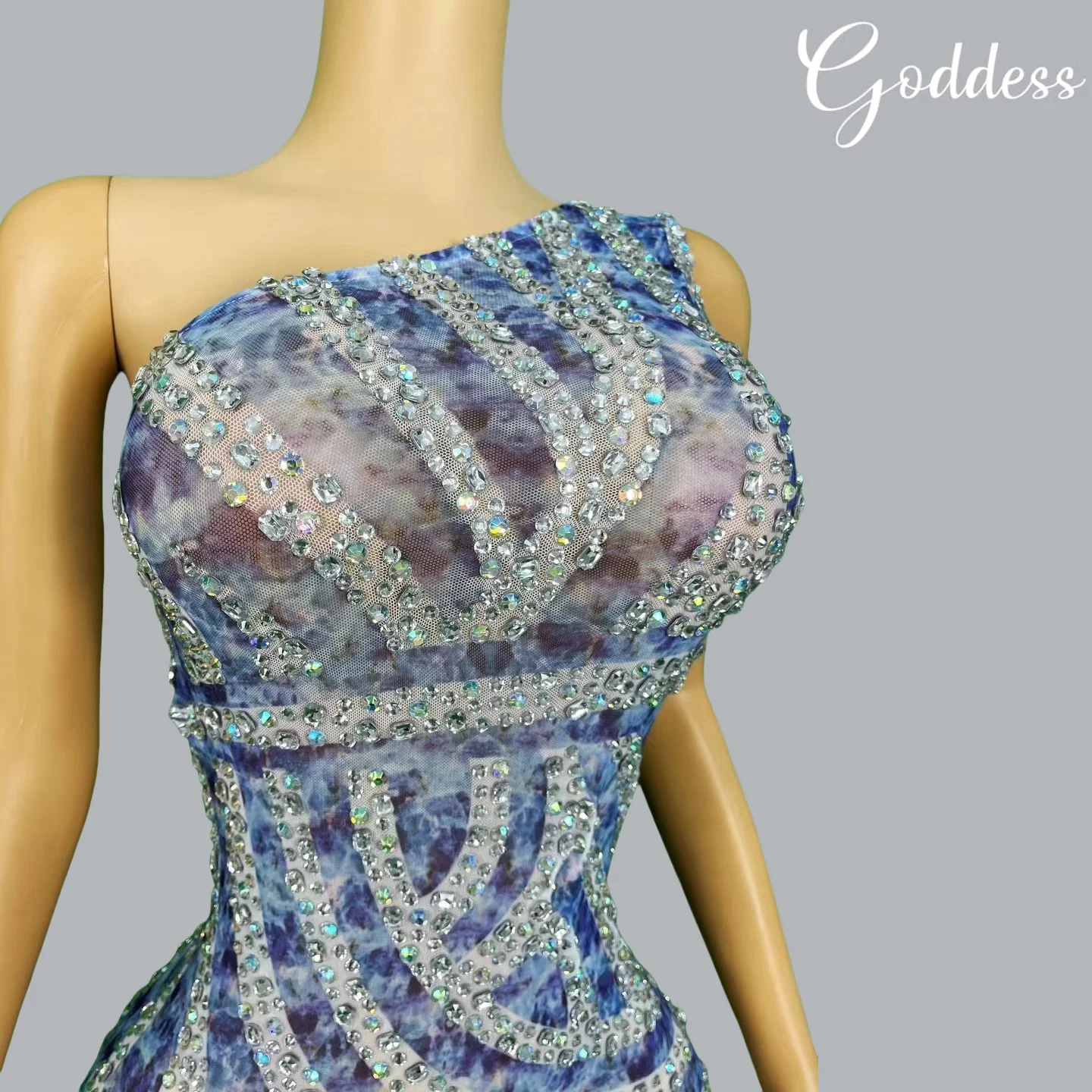 Sexy One Shoulder Split Design schiere Mesh funkelnde Strass Bar Geburtstag Abschluss ball Abendkleid Club Sänger Bühne elegantes langes Kleid