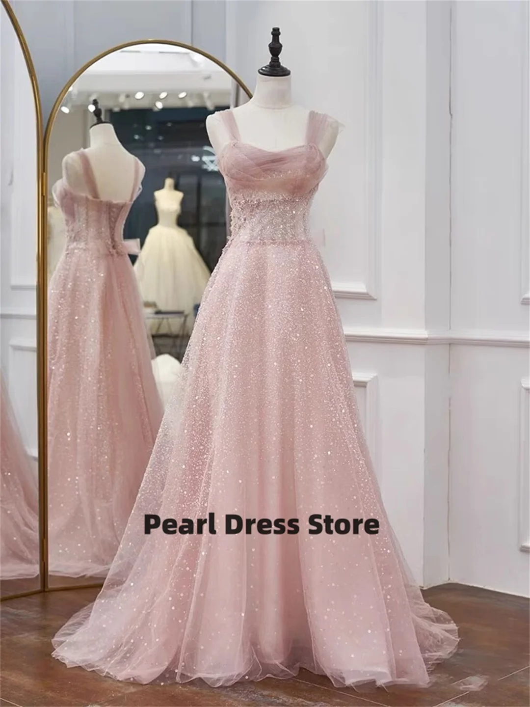 

Elegant Pink Bridesmaid Dress Italian A-line Shiny Handmade Beaded Sleeveless Formal Wedding Party Prom Evening Dress