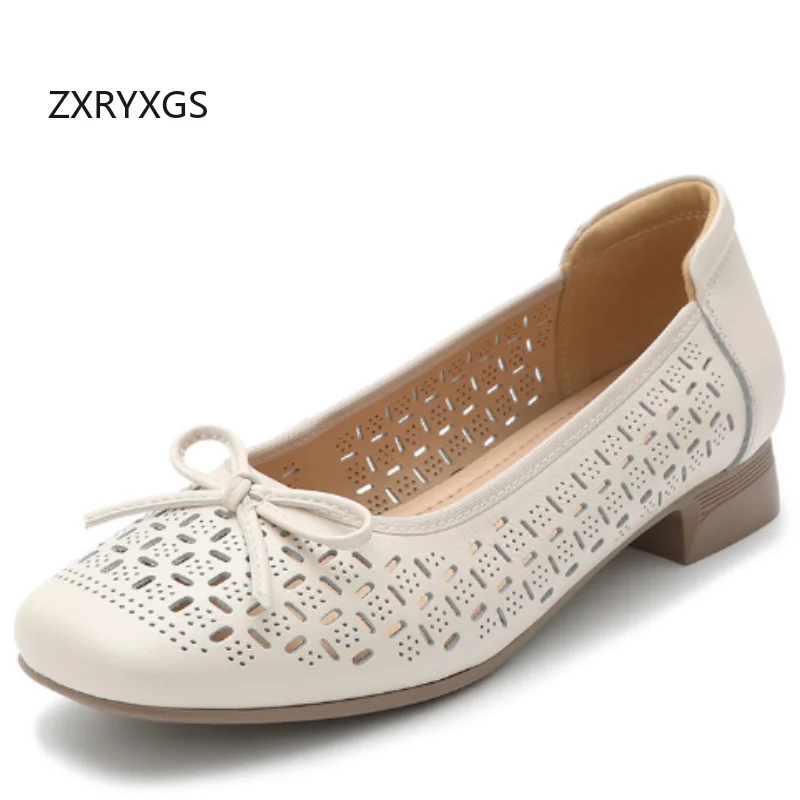 

ZXRYXGS Туфли премиум-класса из воловьей кожи, дышащие кожаные сандалии, 2025 г., туфли большого размера с круглым носком и бантом, удобные туфли на низком каблуке