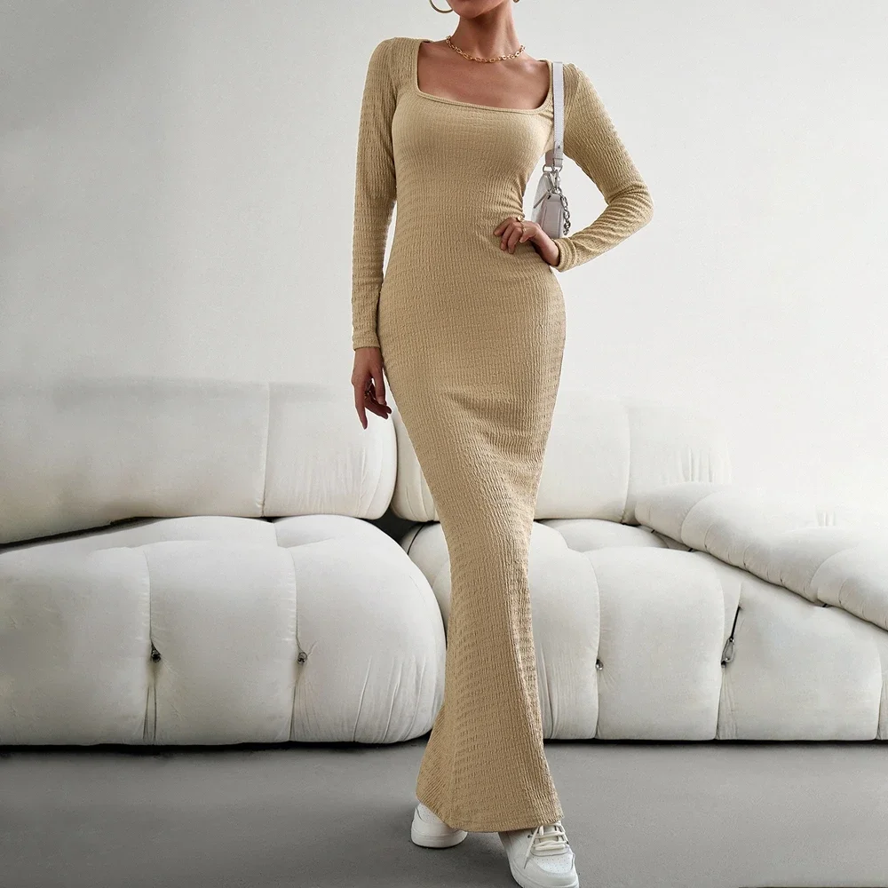 Autumn Winter Knitted Dress Women 2023 Elegant A-line Long Maxi Bodycon Dresses Female Casual Black Ribbed Maxi Robe Ladies