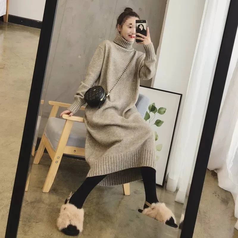 

Women's Knee-Length Thickened Sweater Dress Autumn Winter Casual Style Loose Knitted Base Layer Dress High Collar Short