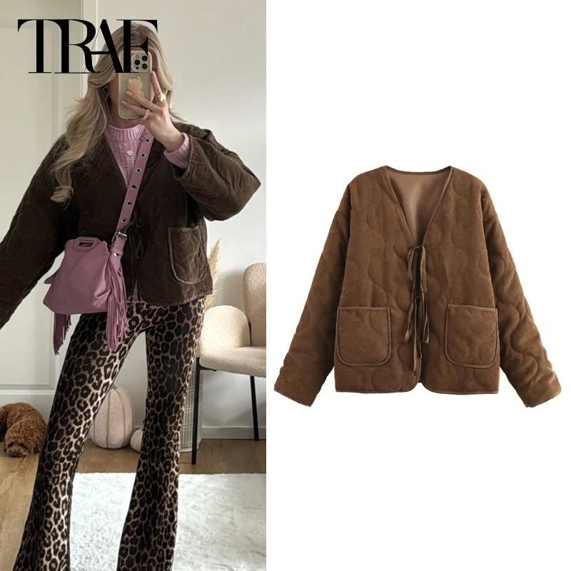 TRAF Lightweight Padded Parkas 2024 Warm Winter Jackets Women's Quilted Jacket  Autumn Brown Demi-Season Coats New In Outerwears