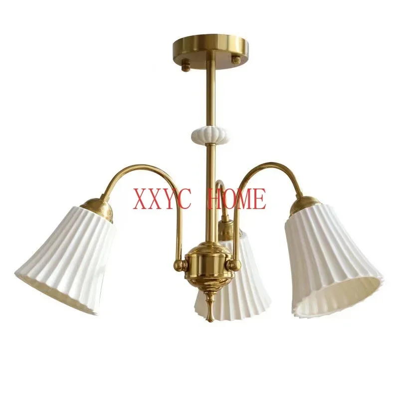 

White Ceramic Chandelier American Copper Master Bedroom Dining Room/Living Room Design Glass Cream Style Lamps