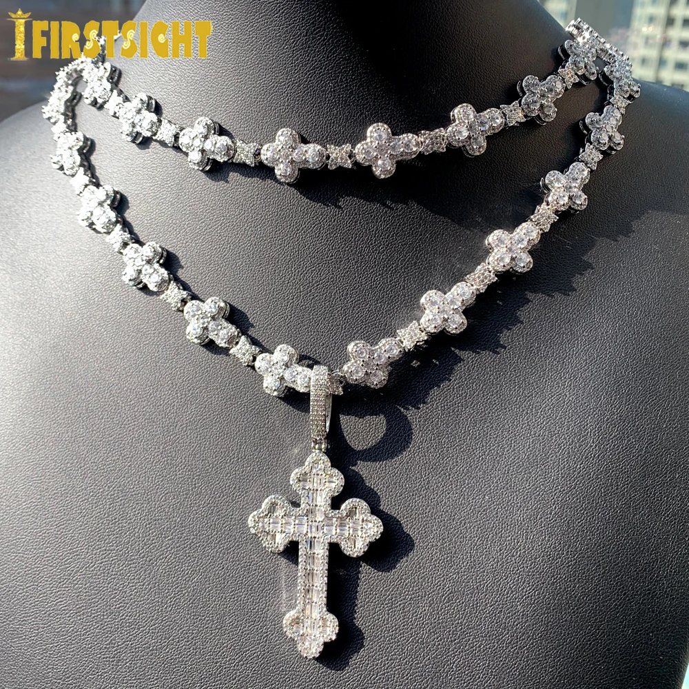 2024 New Iced Out Cross Necklace for Men Women Bling Silver Color Cubic Zirconia Charm Star Link Chain Hip Hop Jewelry