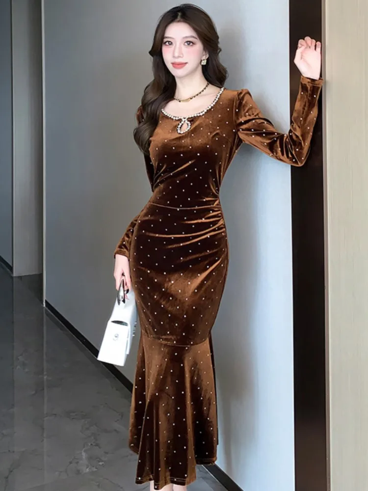 Robe de bal française Vintage pour femmes, col carré, taille fine, longue, style sirène, nouvelle mode, vêtements de bal, automne 2025