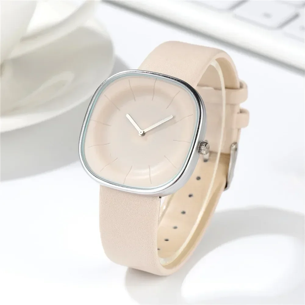 Reloj de marca de moda para mujer, accesorio sencillo, informal, cuadrado, 2 agujas, correa de cuero Beige de cuarzo, regalo para niñas, 2024