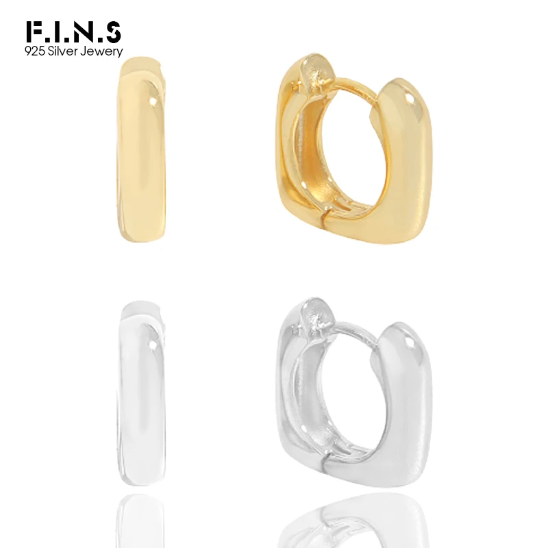 F.I.N.S Real S925 Sterling Silver Gold Small Hoop Earrings Smooth Geometry Square Huggies Piercing Earring Silver 925 Ear Buckle