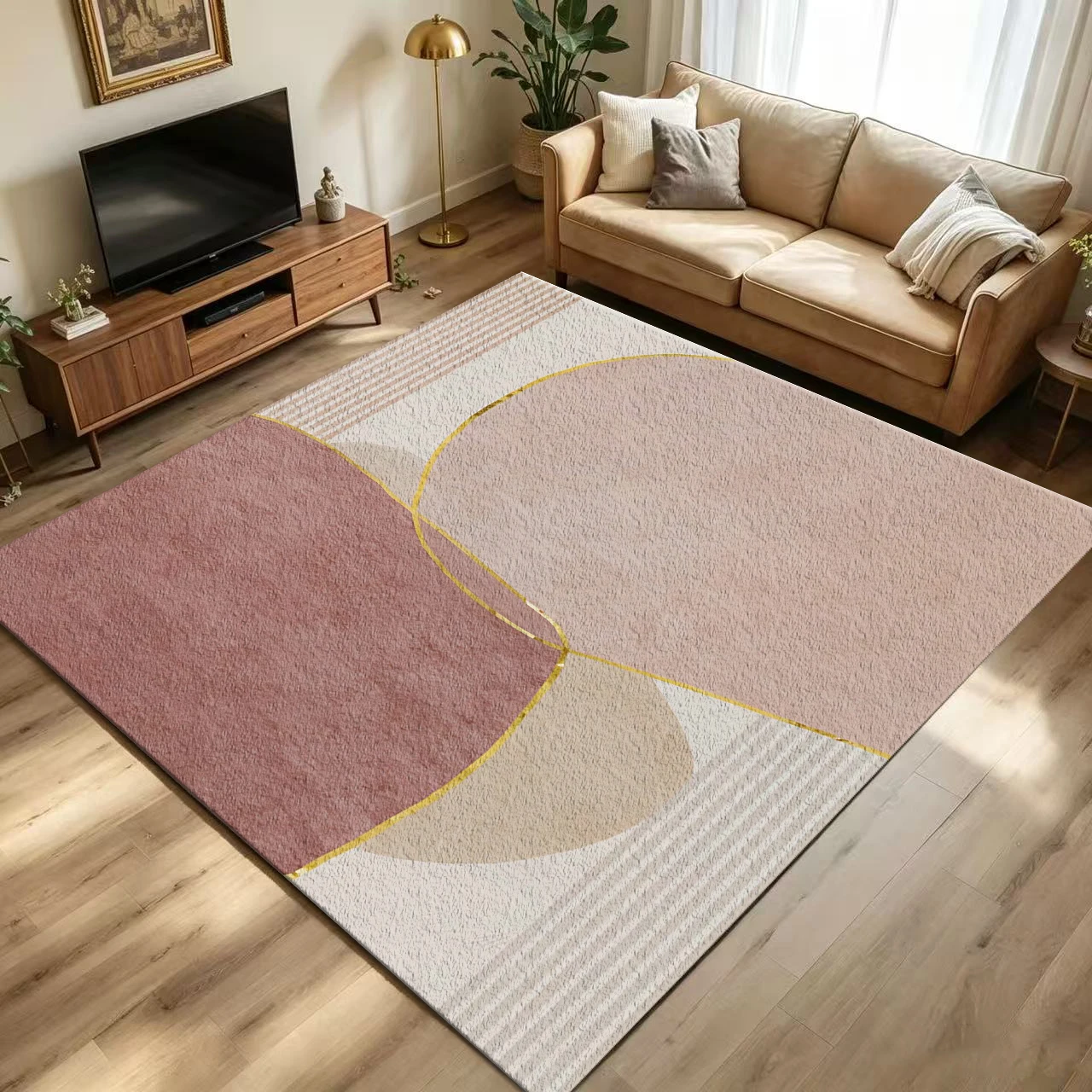 Modern Boho Abstract Geometric Area Rug Pink Beige Gold Line Art Floor Carpet for Living Room Bedroom Home Decoration