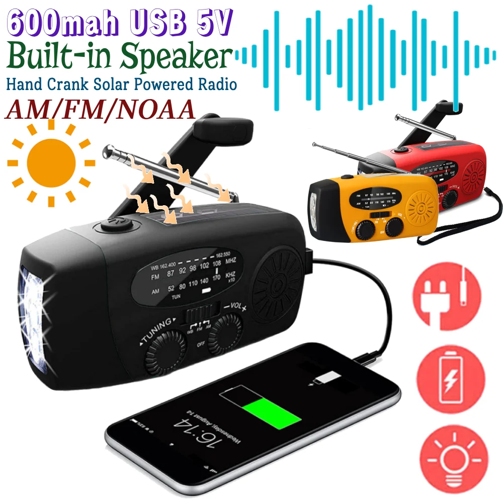 راديو الطوارئ AM/FM/NOAA 600mah USB 5V كرنك اليد تعمل بالطاقة الشمسية راديو الطقس المحمول المدمج في المتكلم 1.5 واط للتخييم