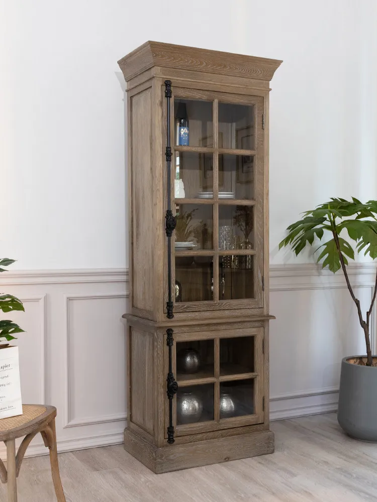 American French Vintage Oak Wine Cabinet, Antique Display Storage Cabinet with Lock for Living Room