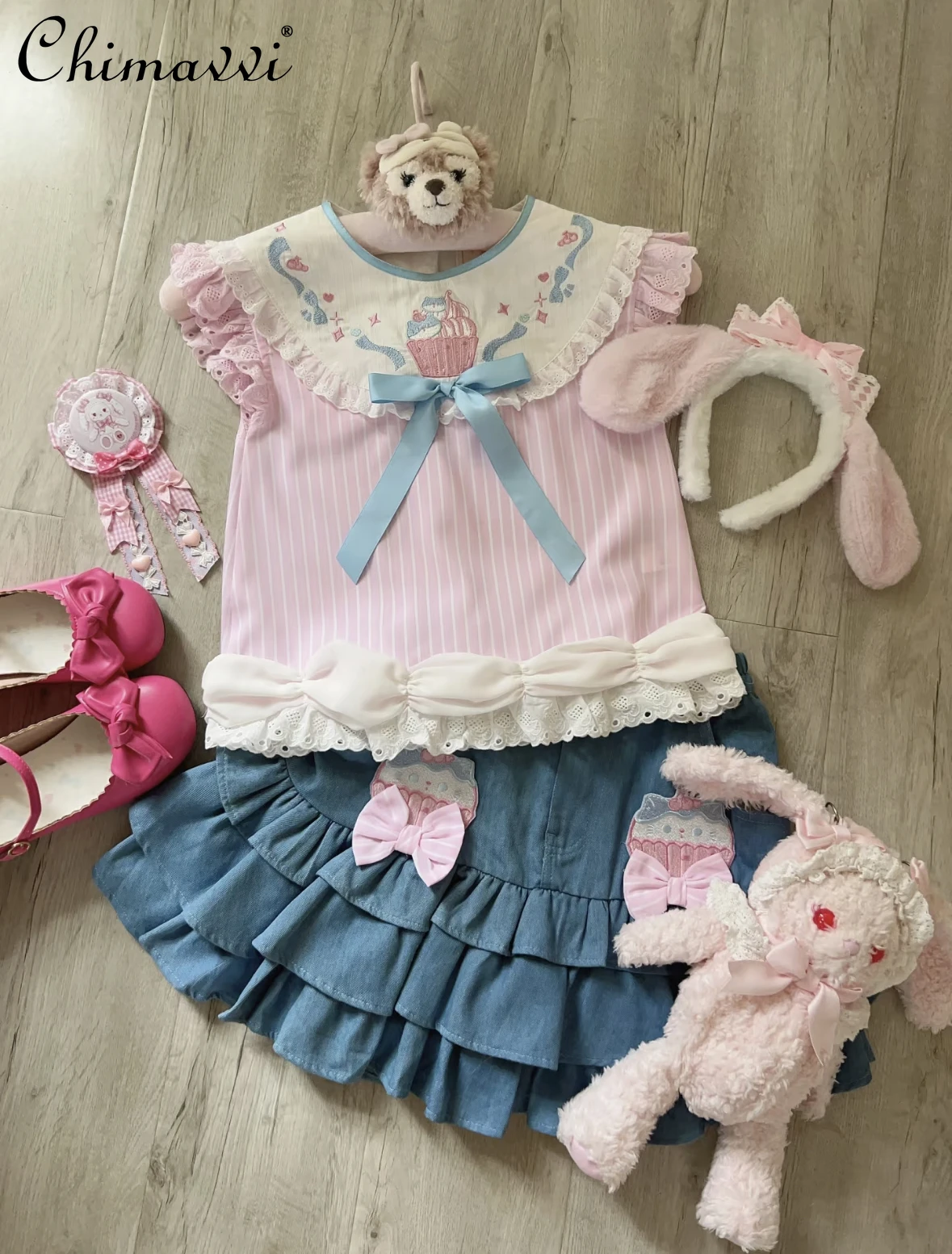 

Original Sweet Soft Girl Skirt Set 2025 Summer New Cute Bow Crew Neck Sleeveless Shirt Top and Cake Skirt Girl Two-piece Set