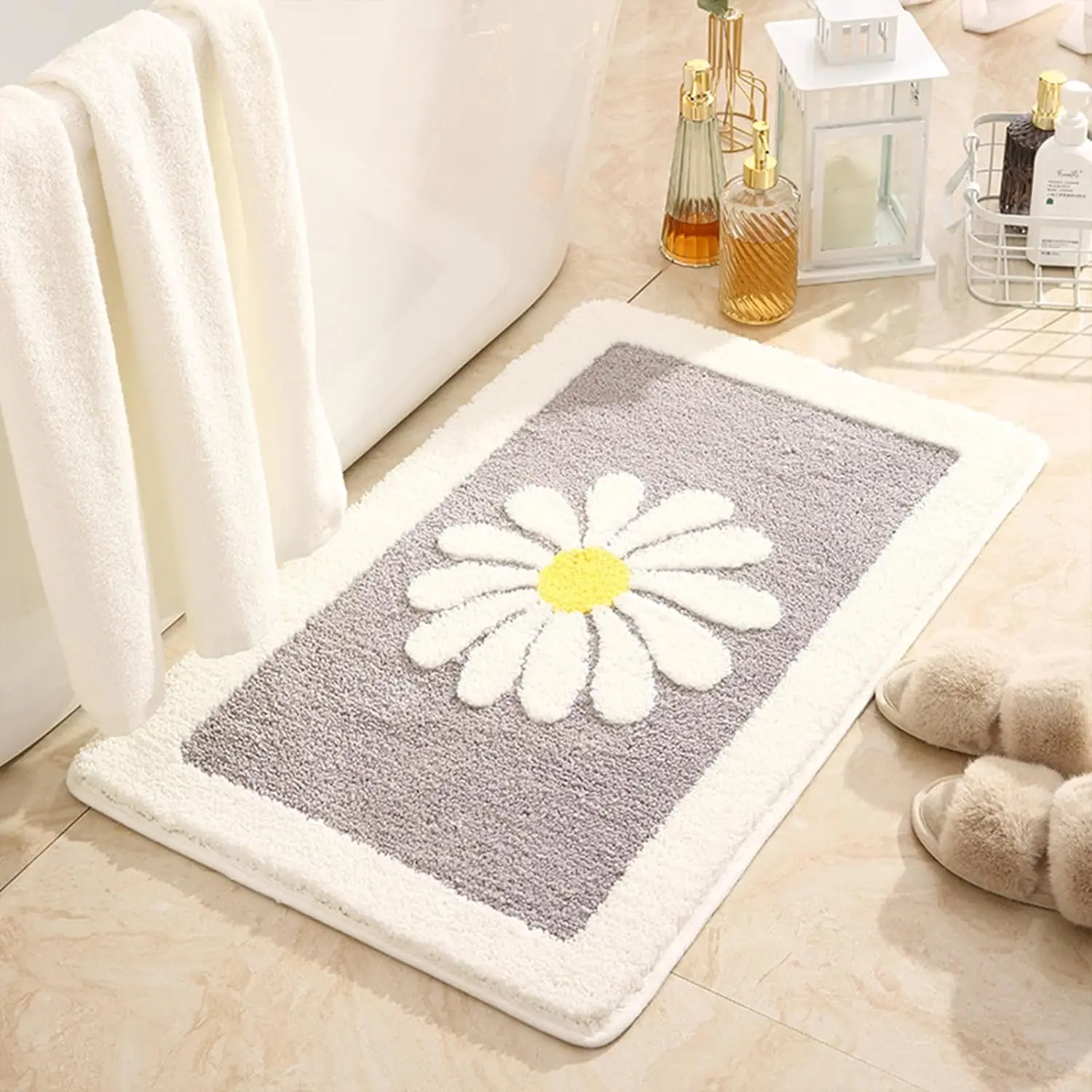 

Bathroom Mat Cute Daisy Bath Rug White and Yellow Flower Decor Carpet Super Absorbent Non Slip Microfiber Bathroom Rug M