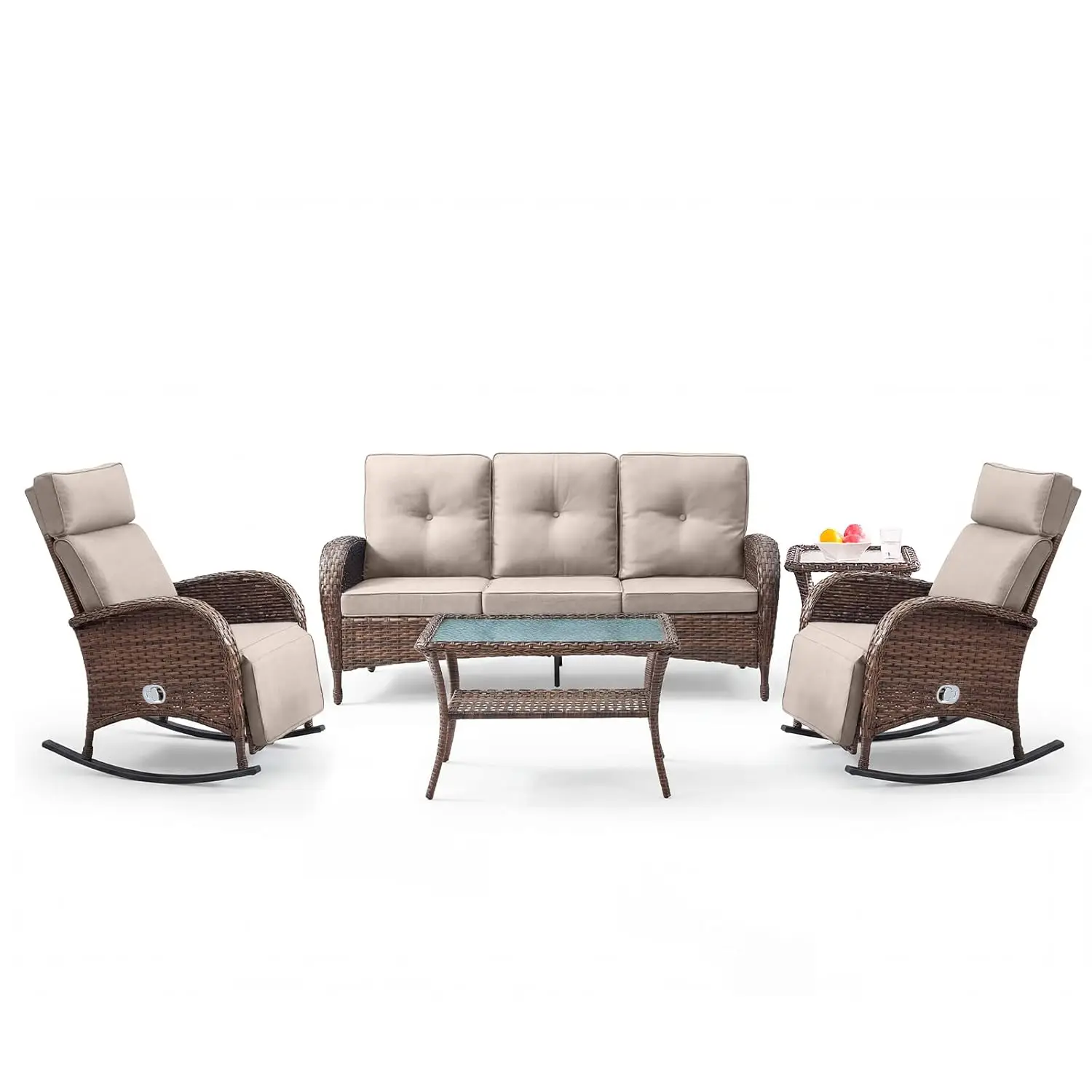 

5 Piece Patio Furniture Set Swivel Recliner Chair Adjustable Backrest Footrest Coffee Table Pool Deck Garden, Customized