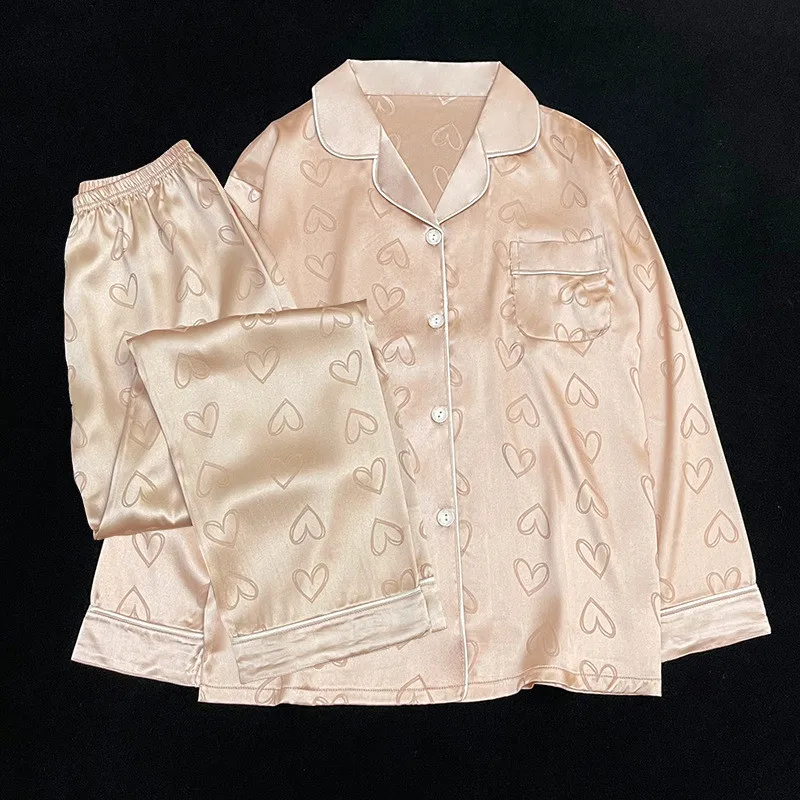 Casual Sleepwear Set Imitation Silk New Spring Autumn Peach Heart Nightwear Pajamas Women Thin Summer Home Clothing Female