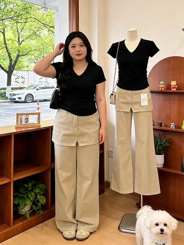 

Elegant Loose Women's Summer Outfit Short Sleeve V-Neck T-Shirt And Pants Two-Piece Set High Waist Long Pants Fashionable Ens...