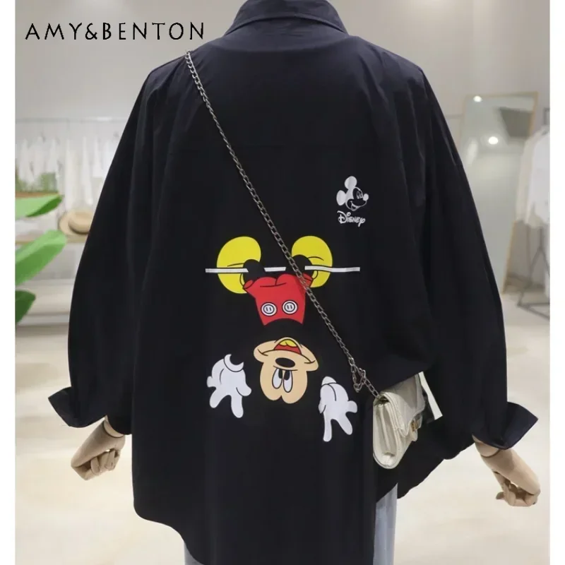 

2024 Early Autumn Popular Design Cartoon Loose Casual Single-breasted Black Top Long-sleeved Shirt Women's Clothes Y2k Blouse