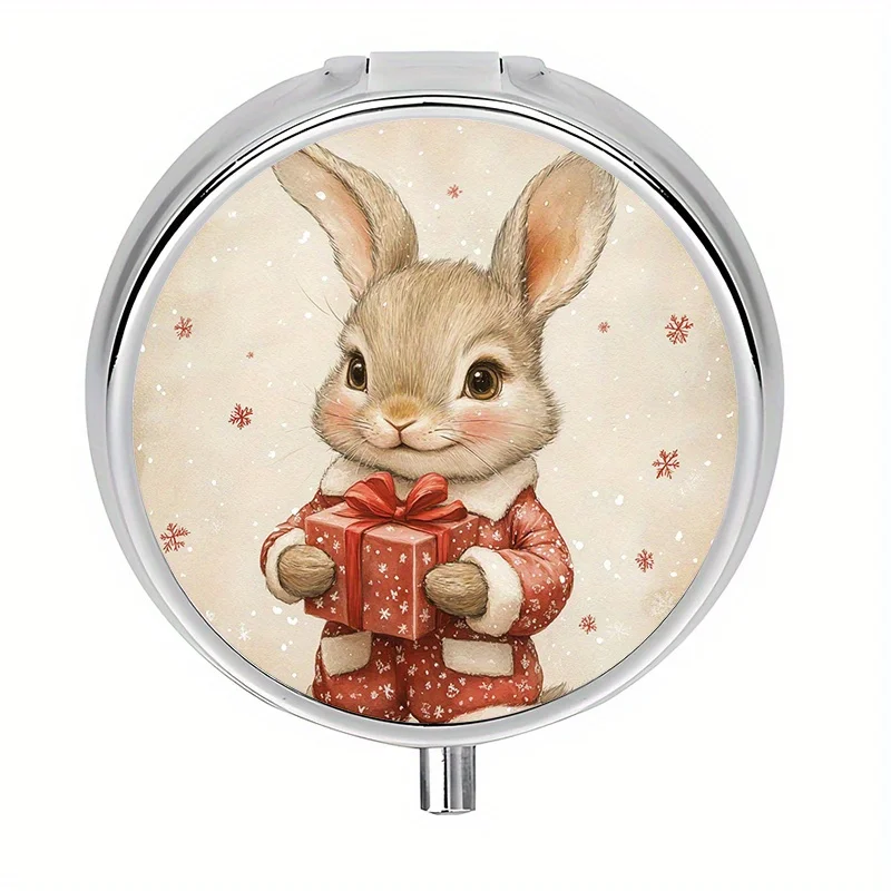 Single pack, flat circular three-compartment pill box, decorated with a cute Christmas bunny pattern, serves both as a walking aid and for everyday use, colorful and convenient to carry in a handbag, making it a unique travel gift