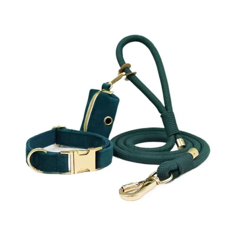 Pet velvet soft dog collar sage green polyester pet leash gold fashion dog toilet bag bracket unique product