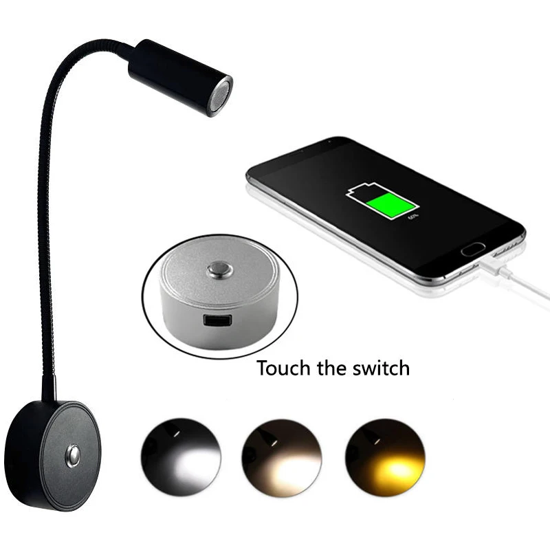 Projecteur LED 12-24V Camping-Car lampes de lecture col de cygne Flexible 3 couleurs Dimmable RV éclairage intérieur LED Van bateau lampe applique murale