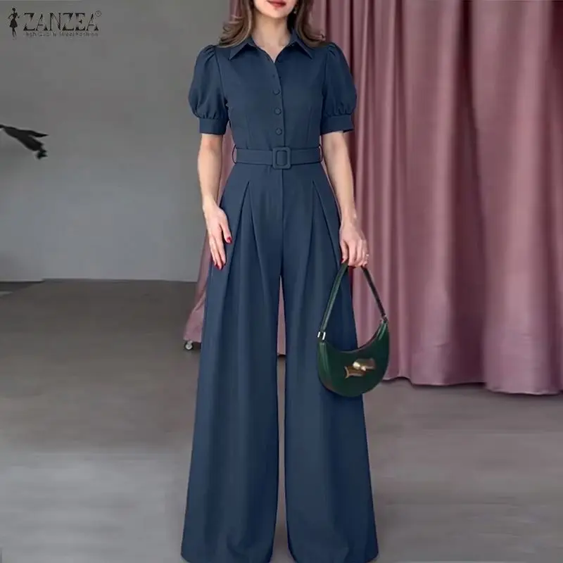 

ZANZEA Fashion Summer Women Jumpsuits Short Sleeve Turn-down Collar Solid Color Party OL Work Overalls Playsuits Wide Leg Pants
