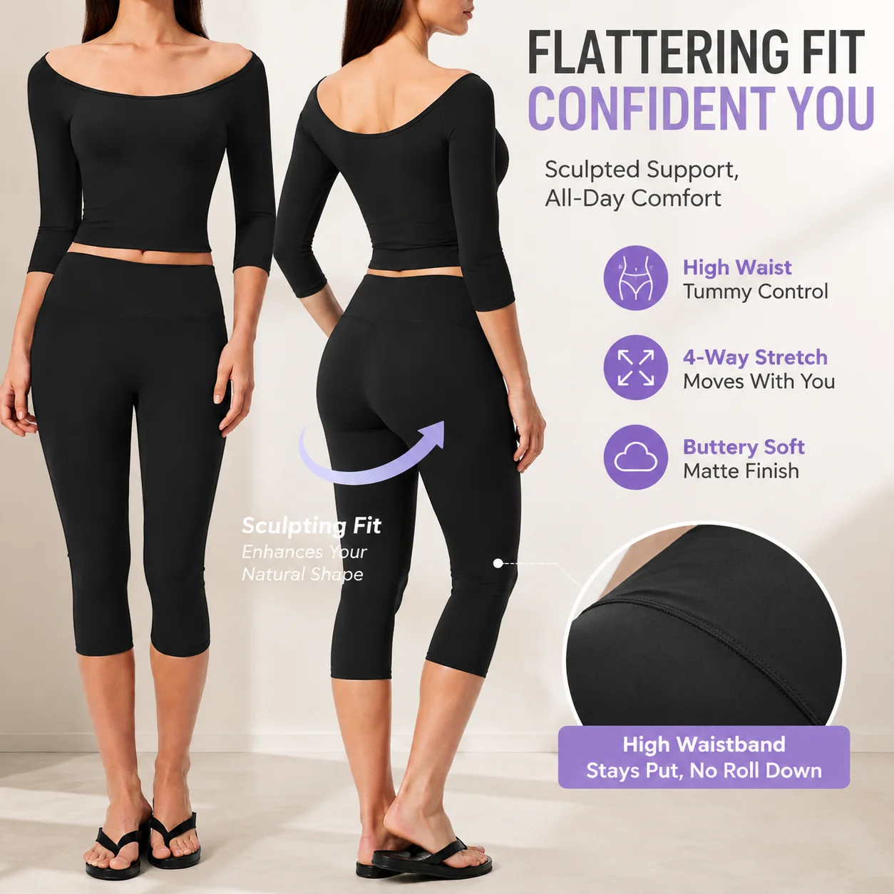 Women 2 Piece Yoga Set Off Shoulder Crop Top High Waist Capri Leggings Gym Workout Lounge Set