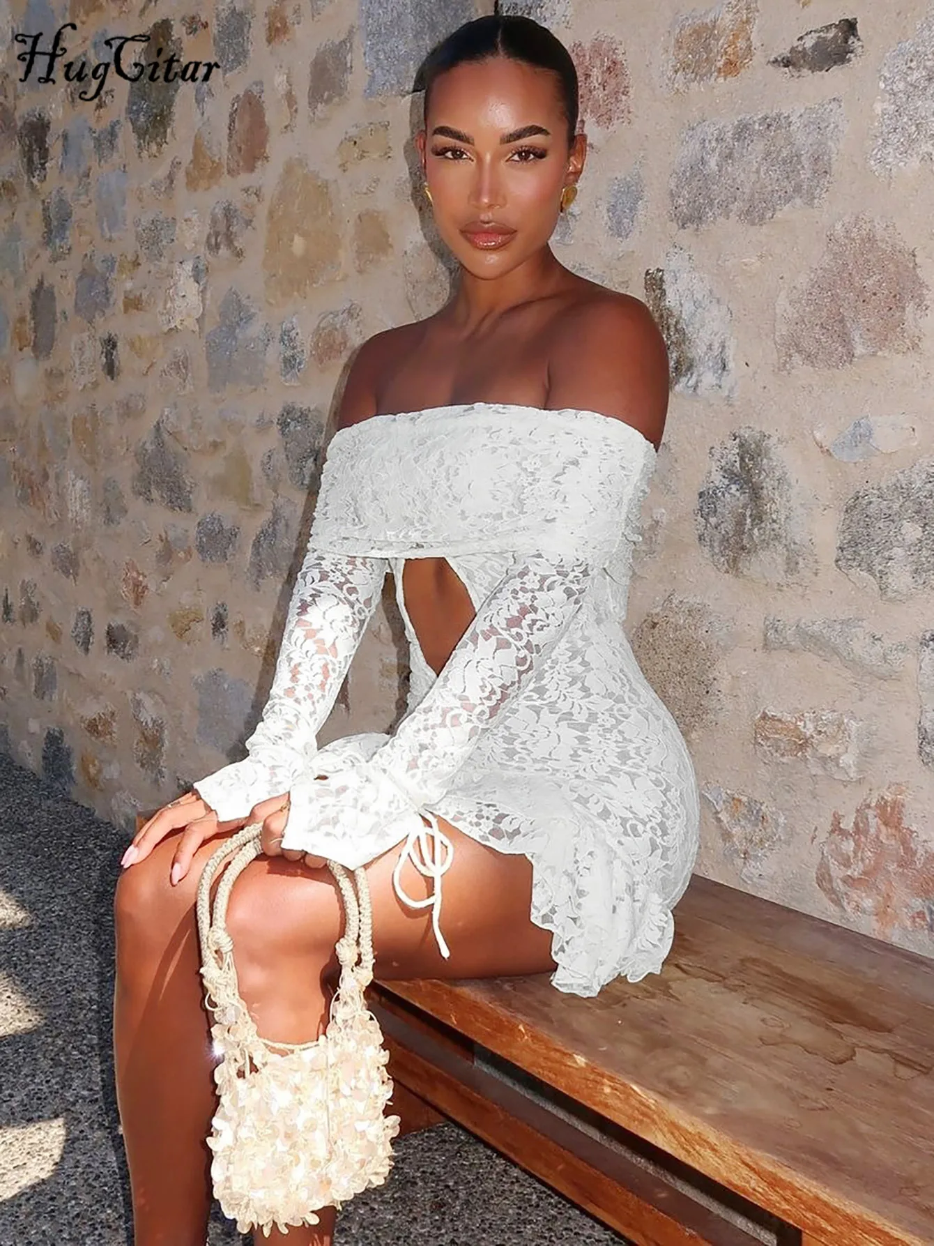 Hugcitar Print Slash Hals Lange Mouw Patchwork Kant Uitgehold Sexy Onregelmatige Mini Jurk Lente Vrouwen Y2K Outfit Feestvakantie