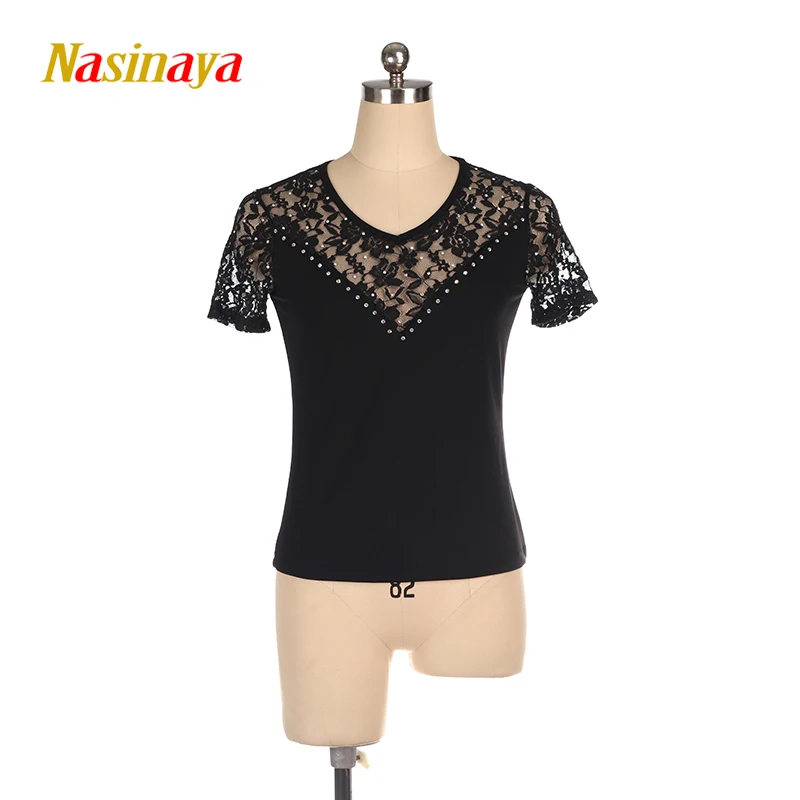 

Customized Figure Skating Girl T-shirt Adult Training Competition Artistic Gymnastics Lace Short Sleeve V-Neck Short Sleeve