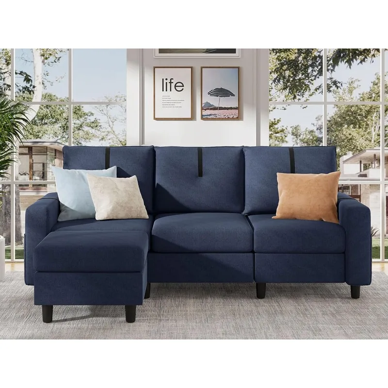 

80" L Shaped Sectional Sofas, 3 Seater Couch with Reversible Ottoman and Side Storage Pocket,Modern Linen Fabric Small Sectional