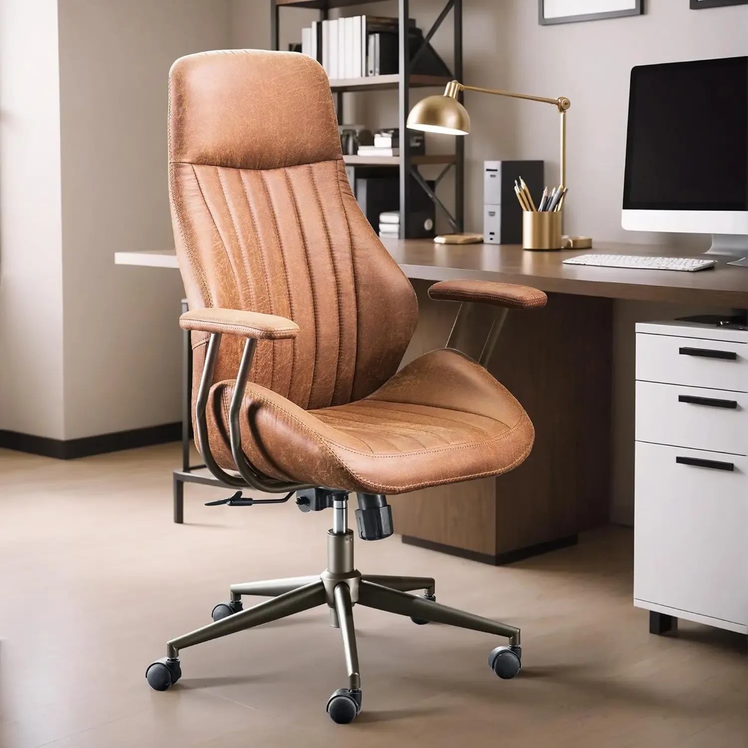 Century Modren Office Chair - Leather Brown Executive Chairs Ergonomic High Back with Lumbar Support, Swivel Computer Desk Task